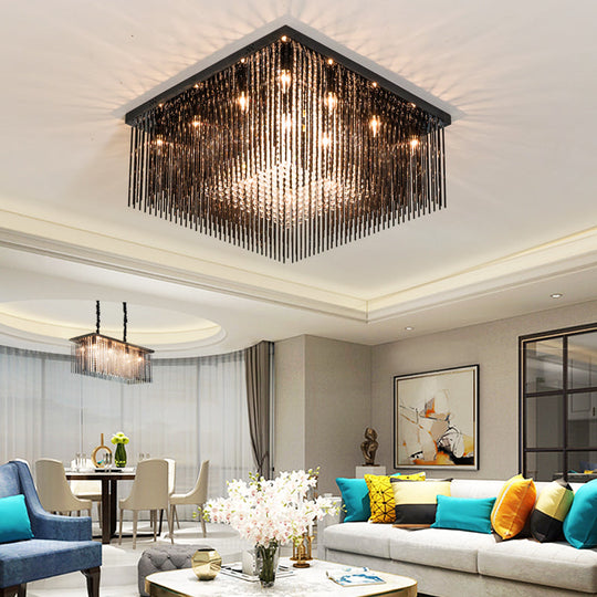 Contemporary Crystal Rod And Beaded Cubic Flush Ceiling Light - Black 4/6/9 Lights 16/19/23.5 Wide