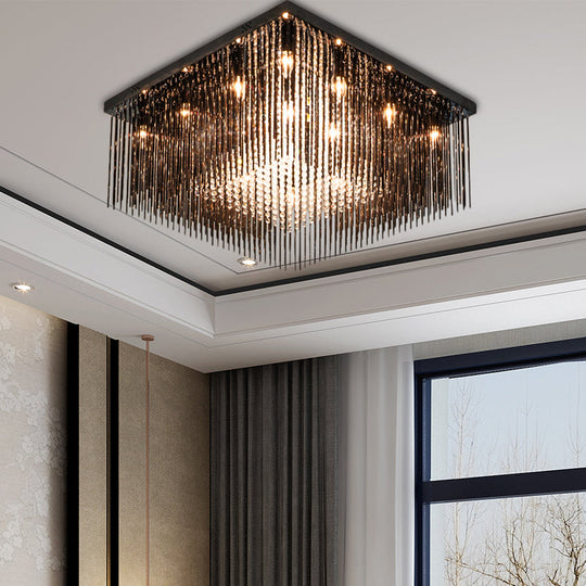 Contemporary Crystal Rod And Beaded Cubic Flush Ceiling Light - Black 4/6/9 Lights