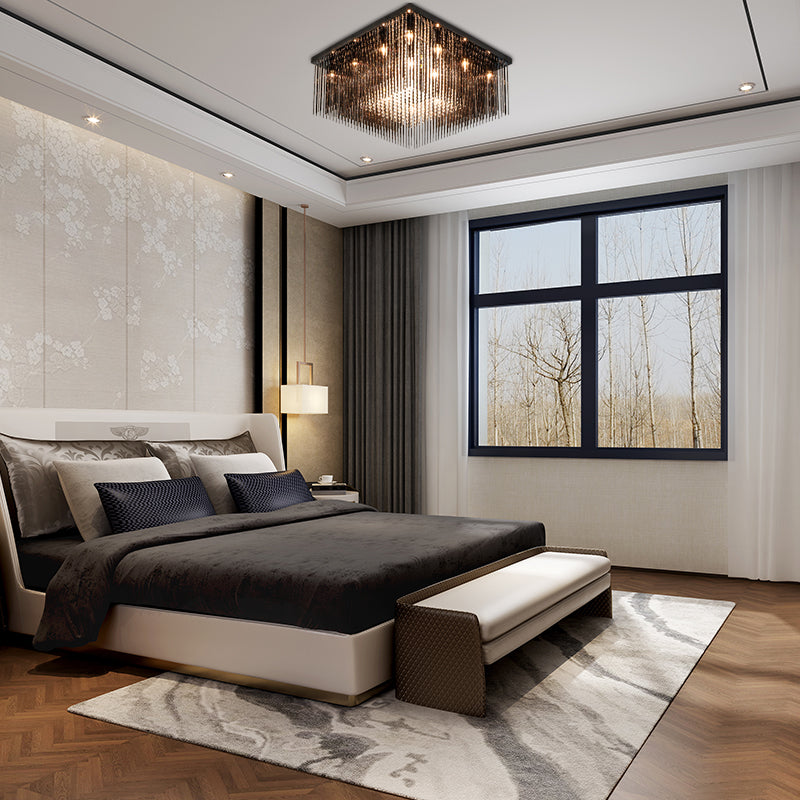 Contemporary Crystal Rod And Beaded Cubic Flush Ceiling Light - Black 4/6/9 Lights 16/19/23.5 Wide