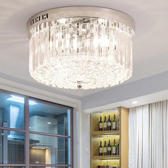 Modern Chrome Drum Flush Light Fixture With 3 Rectangular-Cut Crystal Lights For Bedroom -
