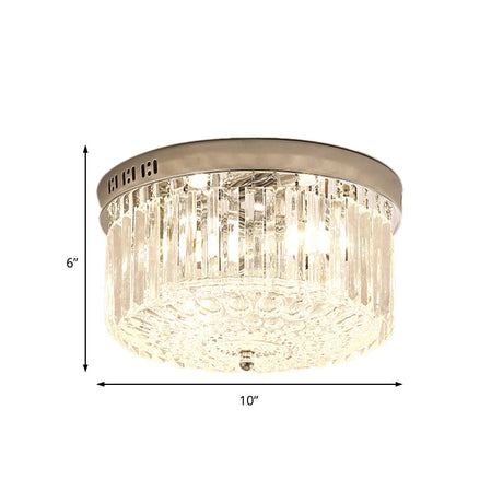 Modern Chrome Drum Flush Light Fixture With 3 Rectangular-Cut Crystal Lights For Bedroom -
