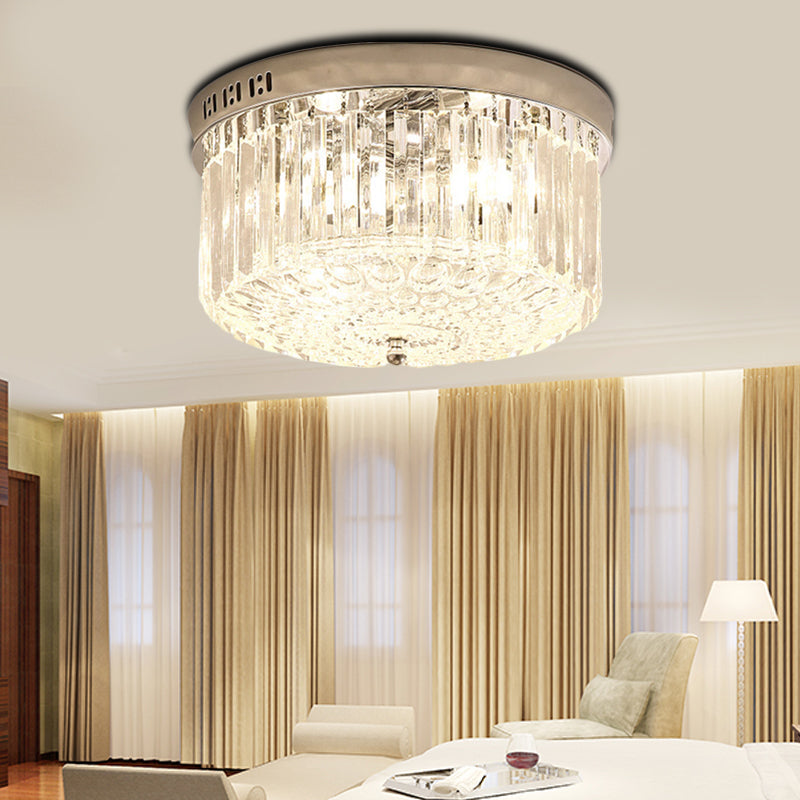 Modern Chrome Drum Flush Light Fixture With 3 Rectangular-Cut Crystal Lights For Bedroom - 10/14