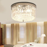 Modern Chrome Drum Flush Light Fixture With 3 Rectangular-Cut Crystal Lights For Bedroom - 10/14