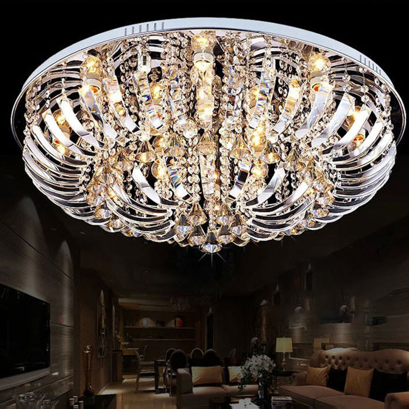 Contemporary Crystal Dome Flush Mount Light - 9/12 Lights 23.5’/31.5’ Wide Chrome Ceiling