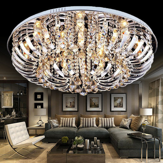 Contemporary Crystal Dome Flush Mount Light - 9/12 Lights 23.5/31.5 Wide Chrome Ceiling Fixture