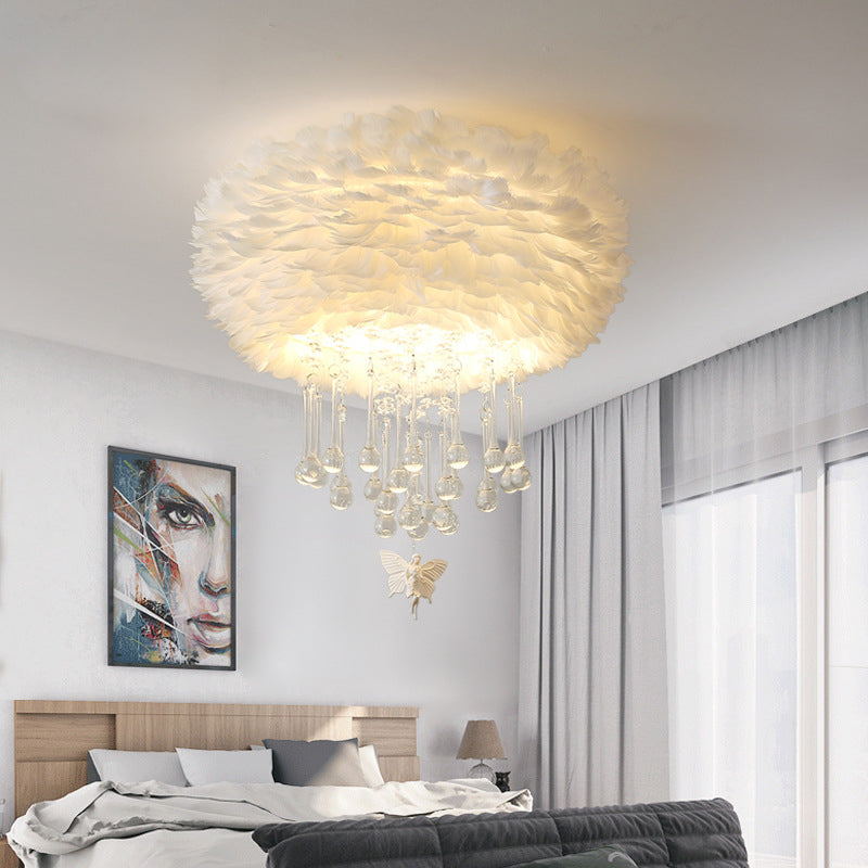 Modern Nordic Cloud Flush Light With Crystal Drop - White/Pink/Black Feather 2/3/4 Lights Bedroom
