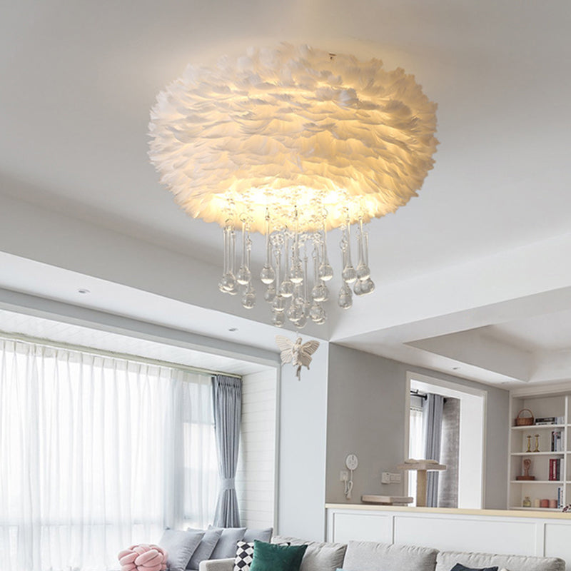 Modern Nordic Cloud Flush Light With Crystal Drop - White/Pink/Black Feather 2/3/4 Lights Bedroom