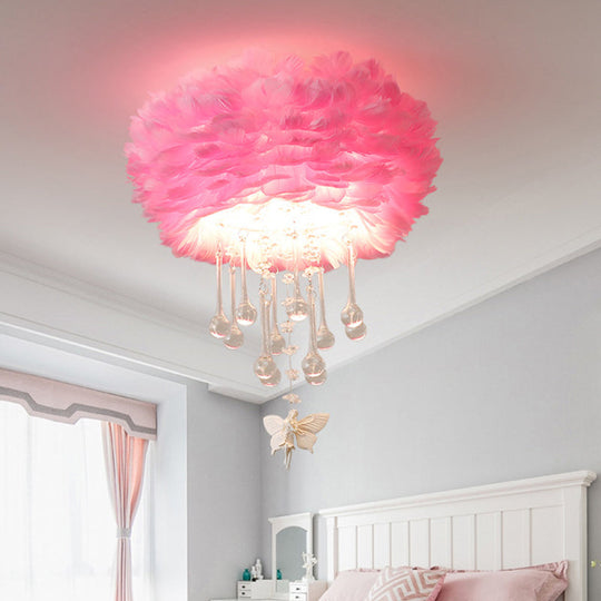Modern Nordic Cloud Flush Light With Crystal Drop - White/Pink/Black Feather 2/3/4 Lights Bedroom