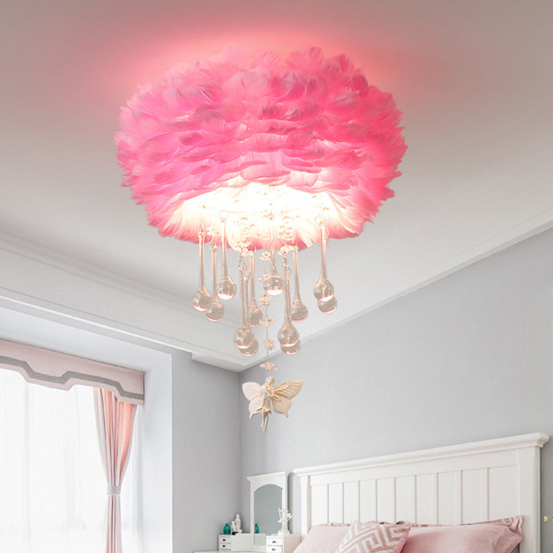 Modern Nordic Cloud Flush Light With Crystal Drop - White/Pink/Black Feather 2/3/4 Lights Bedroom