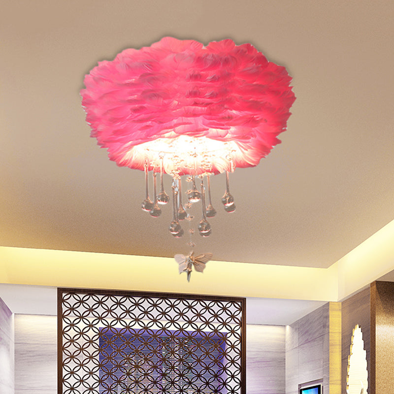 Modern Nordic Cloud Flush Light With Crystal Drop - White/Pink/Black Feather 2/3/4 Lights Bedroom