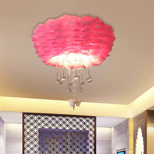 Modern Nordic Cloud Flush Light With Crystal Drop - White/Pink/Black Feather 2/3/4 Lights Bedroom