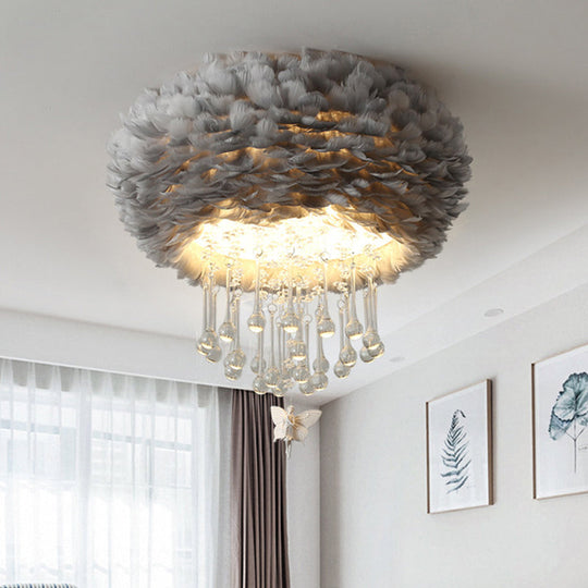 Modern Nordic Cloud Flush Light With Crystal Drop - White/Pink/Black Feather 2/3/4 Lights Bedroom