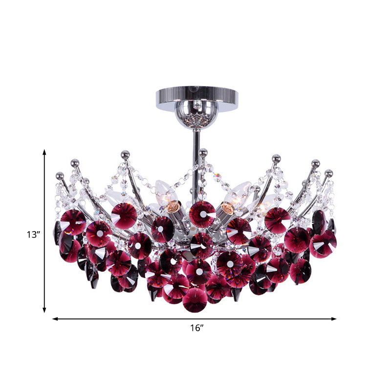 Modern Crystal Dome Semi Flush Light Fixture 5 Lights In Burgundy/Smoke Gray/Amber 16’ & 19.5’