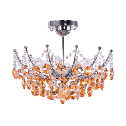 Modern Crystal Dome Semi Flush Light Fixture 5 Lights In Burgundy/Smoke Gray/Amber 16’ & 19.5’