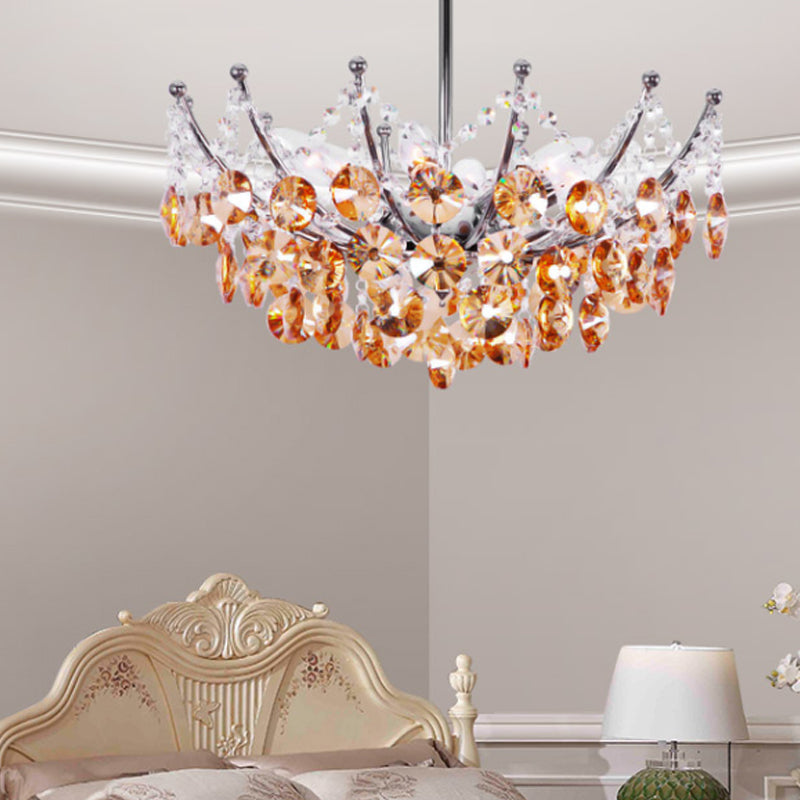 Modern Crystal Dome Semi Flush Light Fixture 5 Lights In Burgundy/Smoke Gray/Amber 16’ & 19.5’