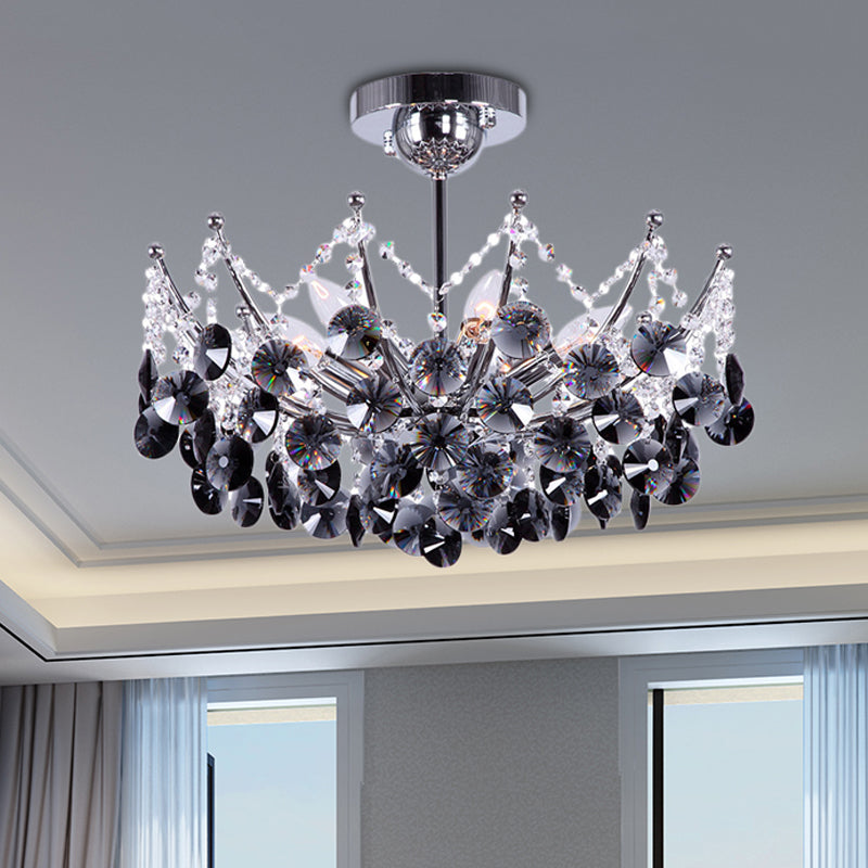 Modern Crystal Dome Semi Flush Light Fixture 5 Lights In Burgundy/Smoke Gray/Amber 16’ & 19.5’