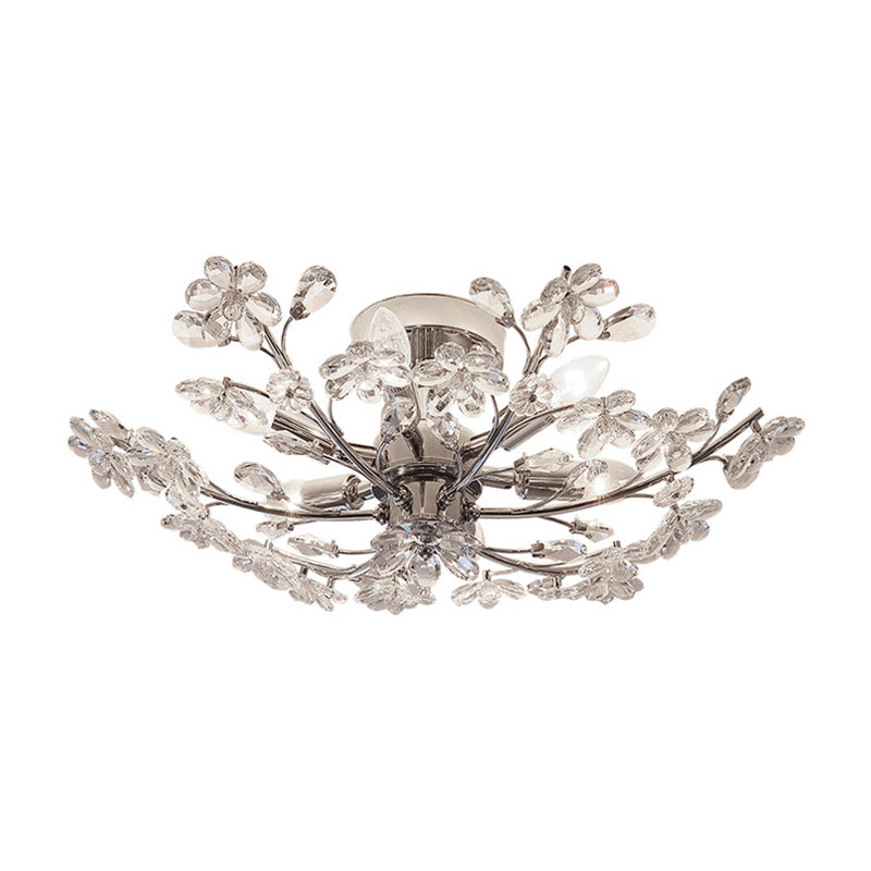 Postmodern Crystal Flower Ceiling Light - 6 Lights Chrome Finish Semi Flush 23’/27.5’ Wide