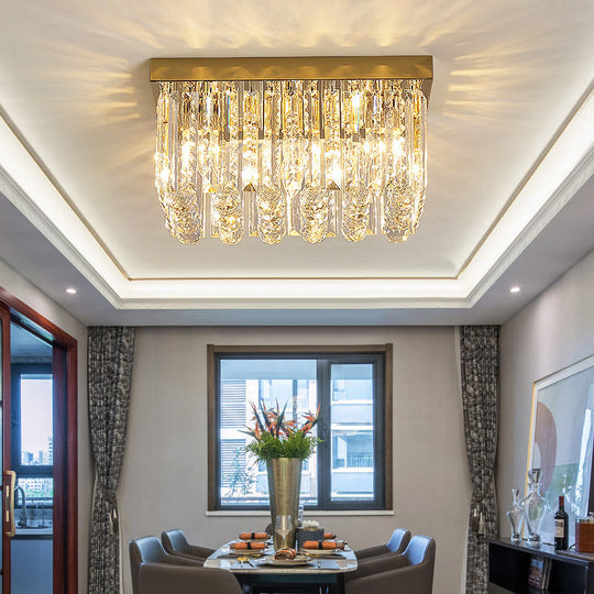 Modern Gold Flush Mount Light With Crystal Block Shade - 2 Lights Rectangle Ceiling Design