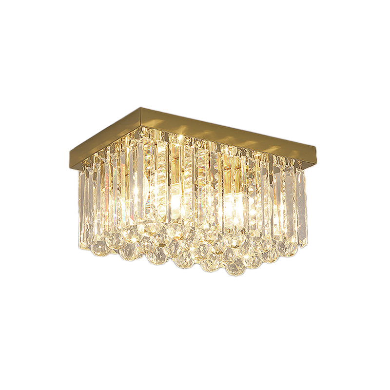 Modern Gold Flush Mount Light With Crystal Block Shade - 2 Lights Rectangle Ceiling Design