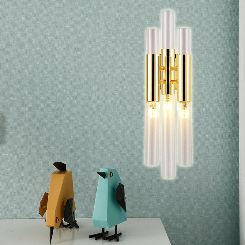 Modern Crystal Brass Flute Wall Mount Sconce Light Fixture For Living Room - 3 Lights