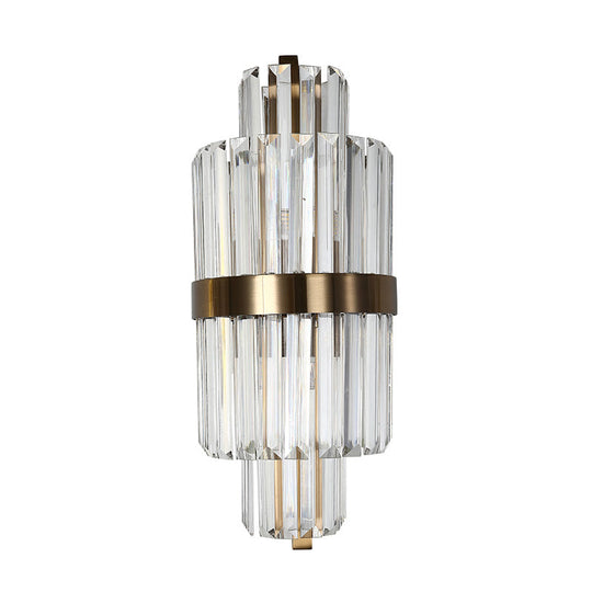 Spool Wall Sconce Light - Modern Faceted Clear Crystal Prism 2 Lights Brass Finish
