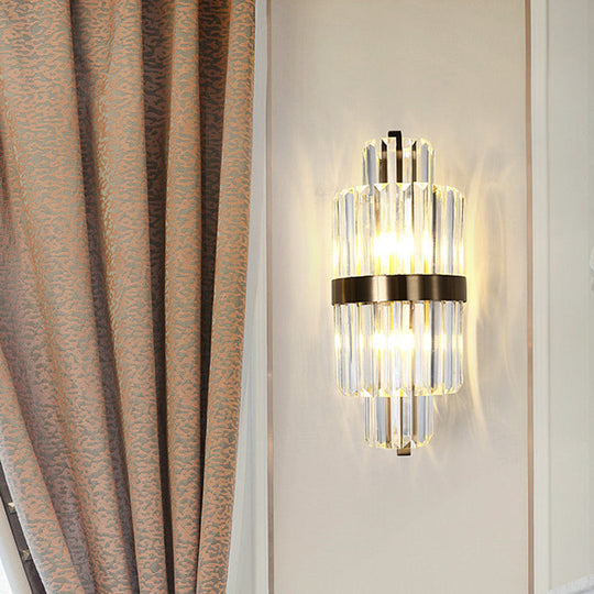 Spool Wall Sconce Light - Modern Faceted Clear Crystal Prism 2 Lights Brass Finish