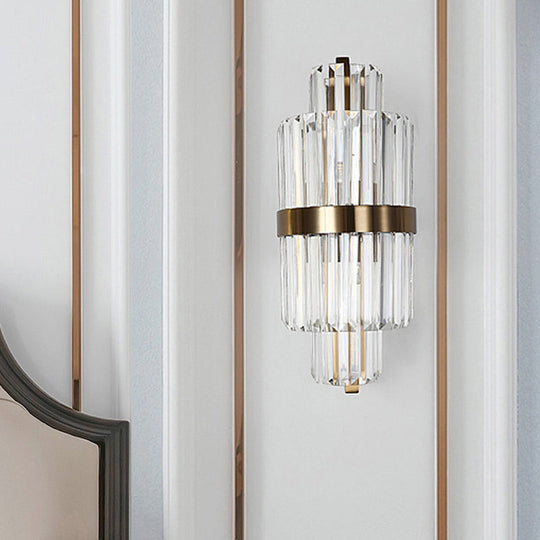 Spool Wall Sconce Light - Modern Faceted Clear Crystal Prism 2 Lights Brass Finish