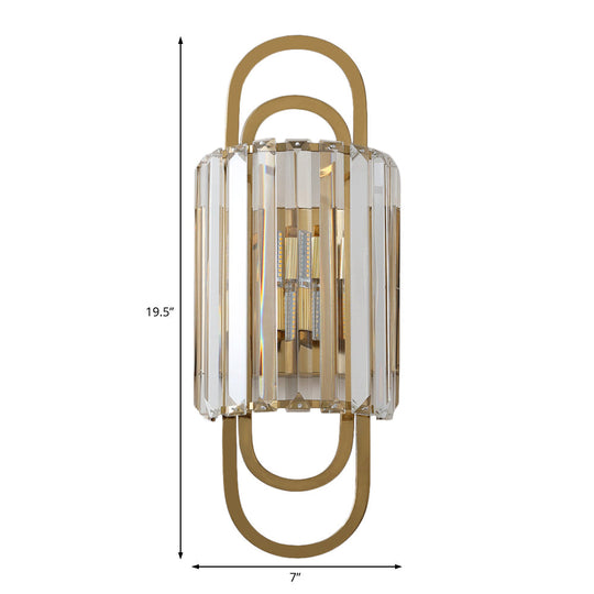Contemporary Gold Wall Sconce With Tri-Sided Glass Rods - 2 Light Cylinder Fixture For Bedroom