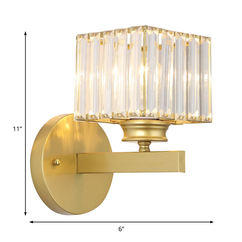 Postmodern Crystal Block Wall Sconce With Brass/Black Backplate For Bedroom