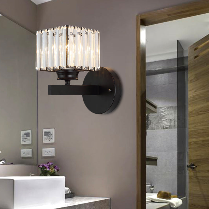Postmodern Crystal Block Wall Sconce With Brass/Black Backplate For Bedroom