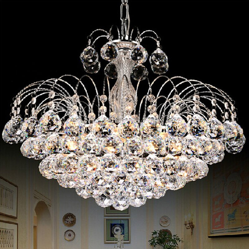 Contemporary 8-Light Chrome/Gold Cascade Chandelier With Crystal Ball Shade 16’/19.5’ Wide