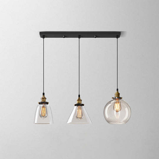 Clear Glass Industrial Shaded Multi-Light Pendant: 3-Bulb Hanging Lighting For Dining Room / C