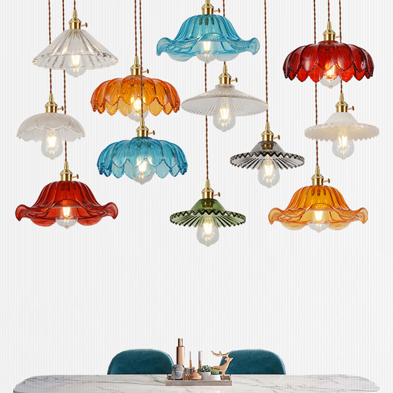 Vintage Ribbed Glass Pendant Lamp: Brass Single-Bulb Hanging Light For Dining Room