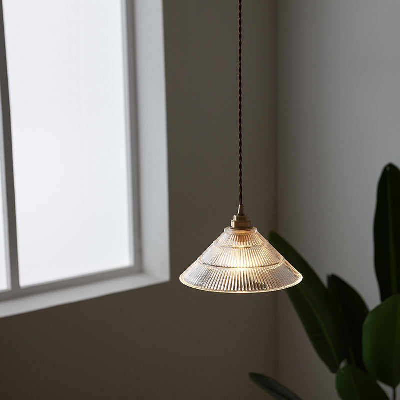 Vintage Cone Ribbed Clear Glass Pendant Lamp - Single-Bulb Hanging Light For Dining Room