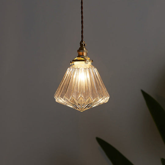 Vintage Style Ribbed Clear Glass Hanging Lamp - Single-Bulb Pendant For Restaurants