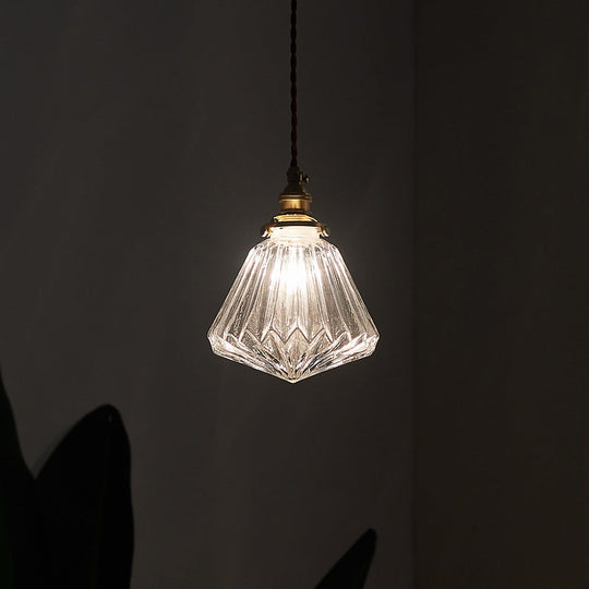 Vintage Style Ribbed Clear Glass Hanging Lamp - Single-Bulb Pendant For Restaurants