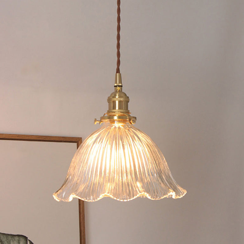 Simplicity Living Room Pendant Light Fixture With Clear Ribbed Glass Shade And Floral Design