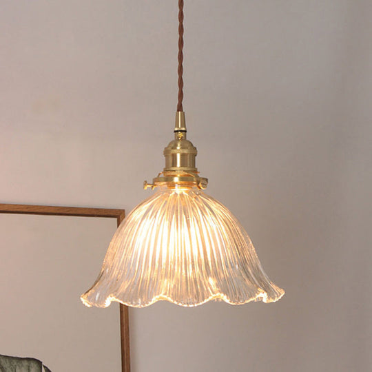 Simplicity Living Room Pendant Light Fixture With Clear Ribbed Glass Shade And Floral Design