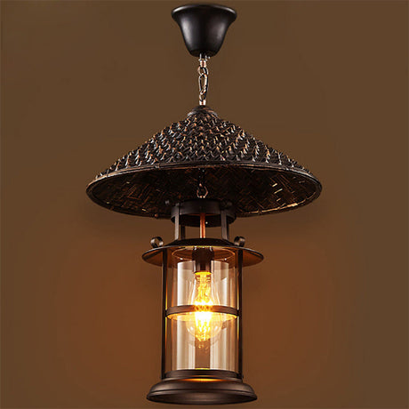 Retro Single Pendant Ceiling Light With Glass Shade - Straw Hat Metal Suspension Lighting For