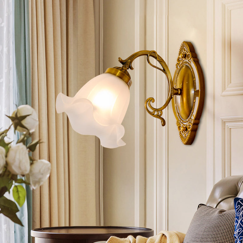 Classic White Wall Light With Single-Bulb & Frosted Glass Flower Shade
