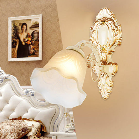 Classic White Wall Light With Single-Bulb & Frosted Glass Flower Shade / E