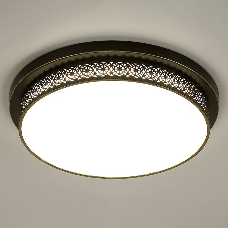 Black Round Led Flush Light - Rustic Acrylic Living Room Ceiling Fixture With Filigree Design / 18 B
