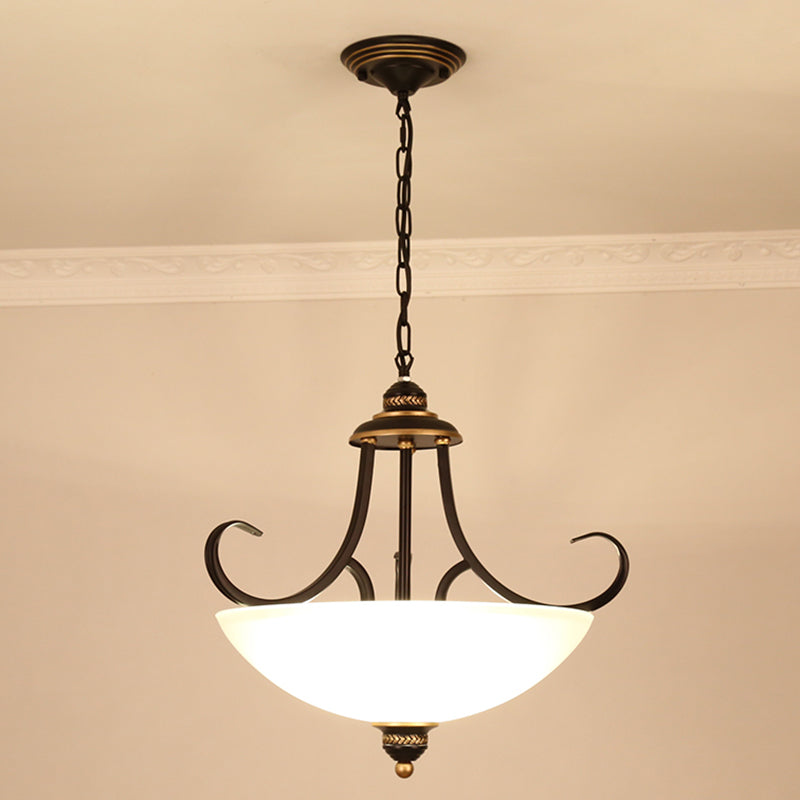 Traditional Black Bowl Ceiling Light Fixture With Frosted Glass - 3-Bulb Dining Room Chandelier