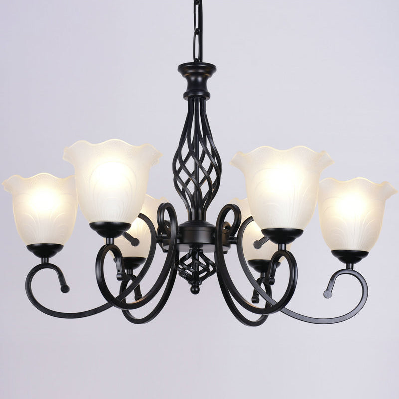 Ruffle Glass Floral Shade Chandelier For Classic Living Room Décor - Pendant Light With Scroll Arm