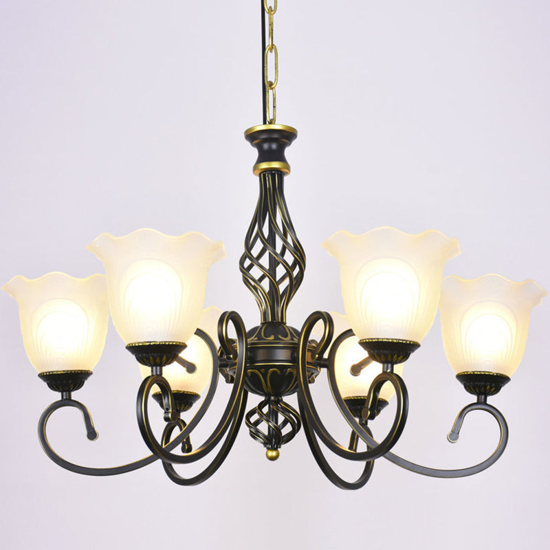 Ruffle Glass Floral Shade Chandelier For Classic Living Room Décor - Pendant Light With Scroll Arm 6