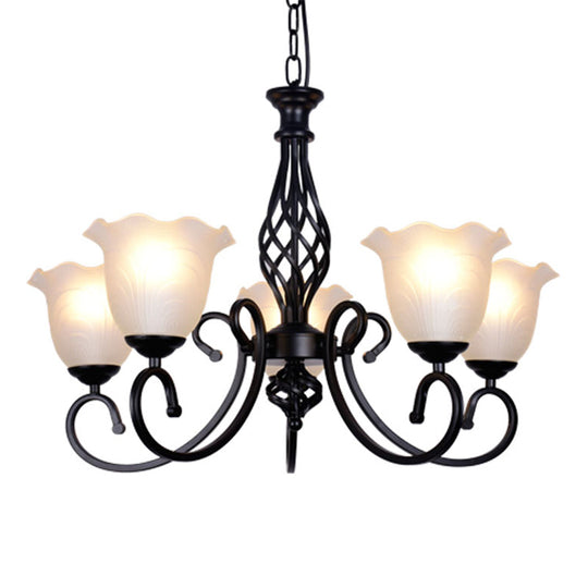 Ruffle Glass Floral Shade Chandelier For Classic Living Room Décor - Pendant Light With Scroll Arm