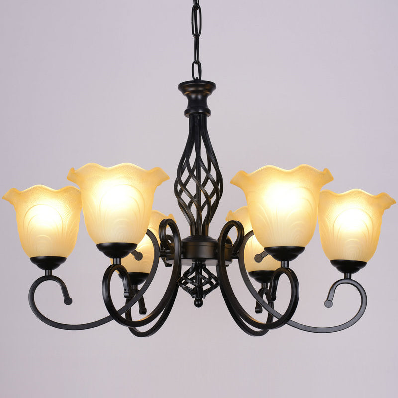 Ruffle Glass Floral Shade Chandelier For Classic Living Room Décor - Pendant Light With Scroll Arm