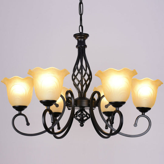 Ruffle Glass Floral Shade Chandelier For Classic Living Room Décor - Pendant Light With Scroll Arm 6