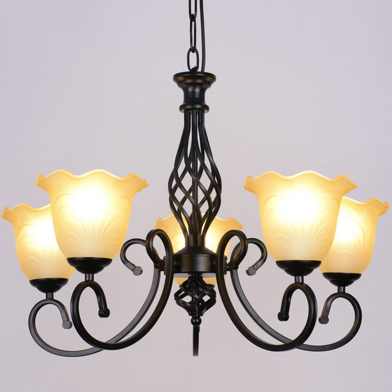 Ruffle Glass Floral Shade Chandelier For Classic Living Room Décor - Pendant Light With Scroll Arm
