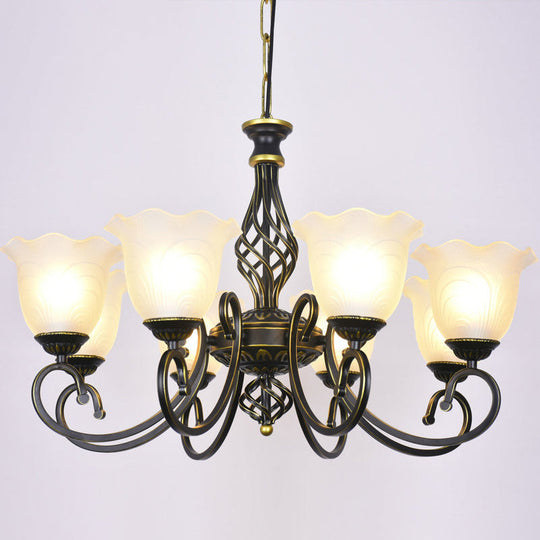 Ruffle Glass Floral Shade Chandelier For Classic Living Room Décor - Pendant Light With Scroll Arm 8